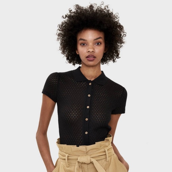 Bershka Tops - Bershka Black Pointelle Polo Light Knit Shirt